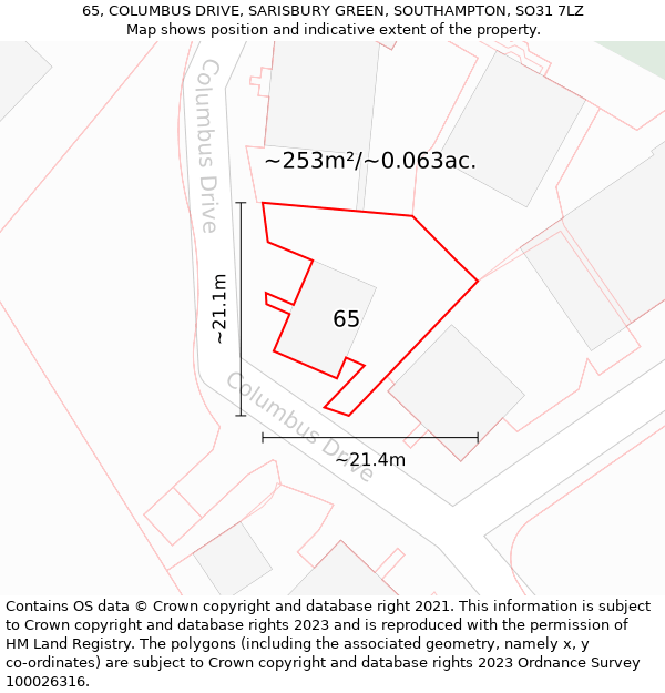 65, COLUMBUS DRIVE, SARISBURY GREEN, SOUTHAMPTON, SO31 7LZ: Plot and title map