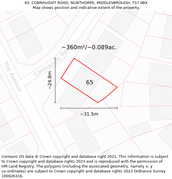 65, CONNAUGHT ROAD, NUNTHORPE, MIDDLESBROUGH, TS7 0BX: Plot and title map