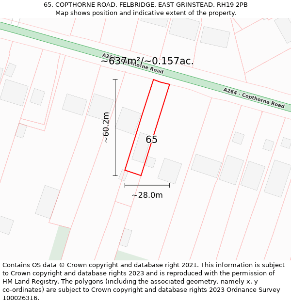 65, COPTHORNE ROAD, FELBRIDGE, EAST GRINSTEAD, RH19 2PB: Plot and title map