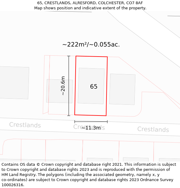 65, CRESTLANDS, ALRESFORD, COLCHESTER, CO7 8AF: Plot and title map