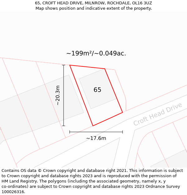 65, CROFT HEAD DRIVE, MILNROW, ROCHDALE, OL16 3UZ: Plot and title map