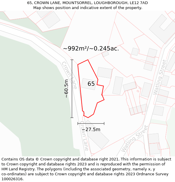 65, CROWN LANE, MOUNTSORREL, LOUGHBOROUGH, LE12 7AD: Plot and title map