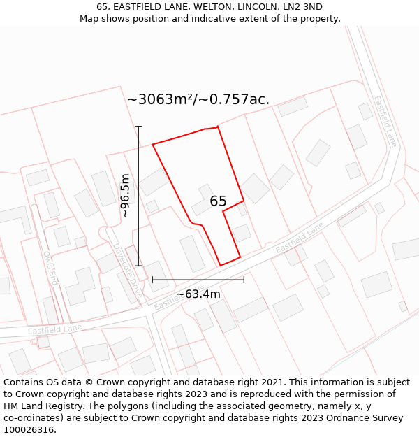 65, EASTFIELD LANE, WELTON, LINCOLN, LN2 3ND: Plot and title map