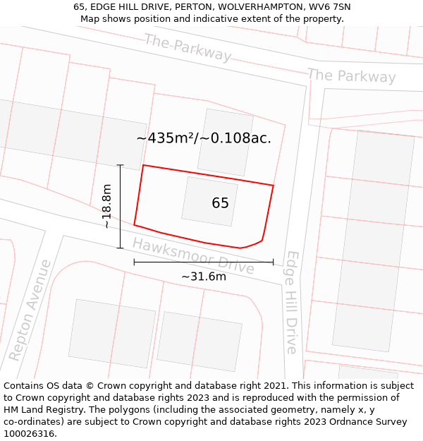 65, EDGE HILL DRIVE, PERTON, WOLVERHAMPTON, WV6 7SN: Plot and title map