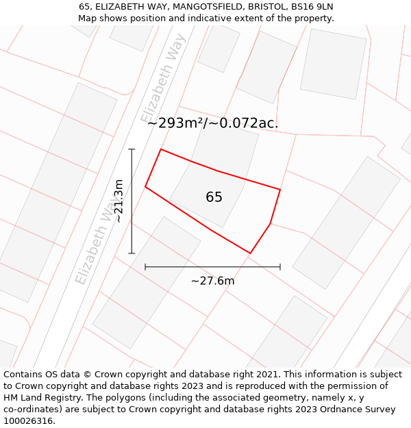 65, ELIZABETH WAY, MANGOTSFIELD, BRISTOL, BS16 9LN: Plot and title map