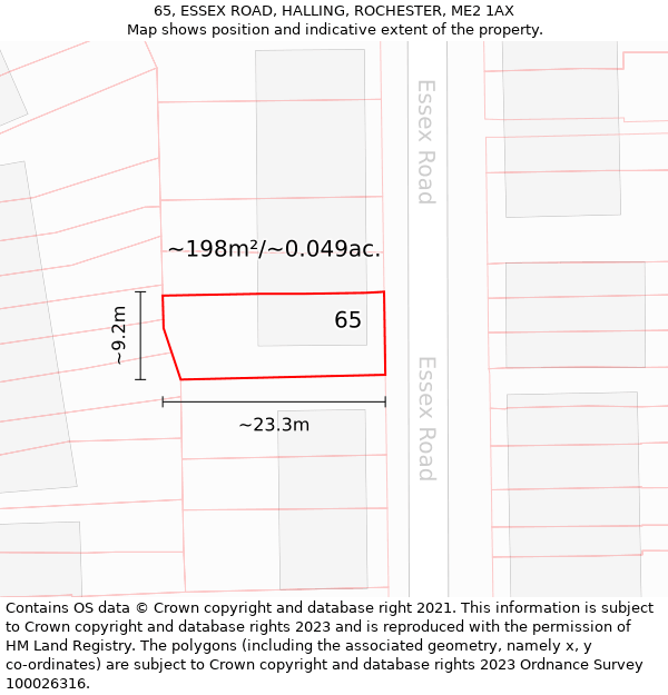 65, ESSEX ROAD, HALLING, ROCHESTER, ME2 1AX: Plot and title map