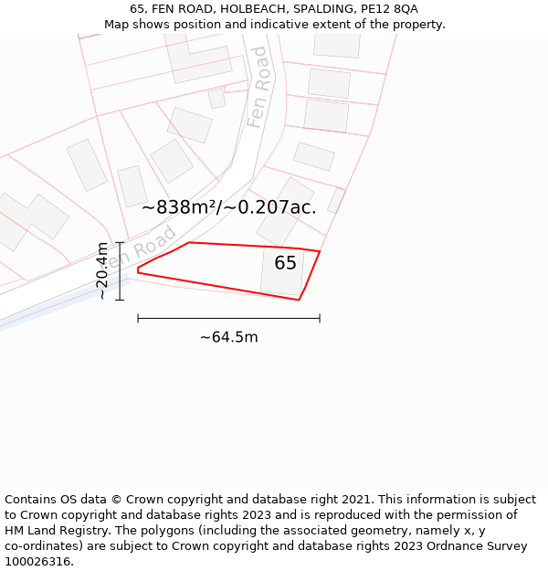 65, FEN ROAD, HOLBEACH, SPALDING, PE12 8QA: Plot and title map