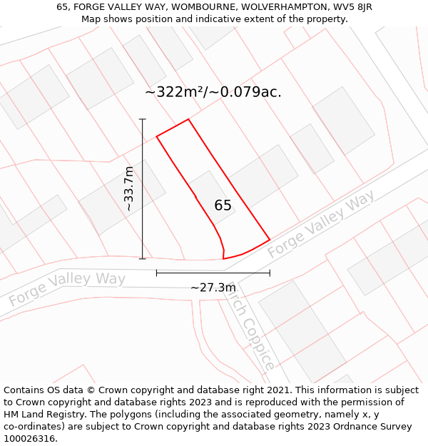 65, FORGE VALLEY WAY, WOMBOURNE, WOLVERHAMPTON, WV5 8JR: Plot and title map