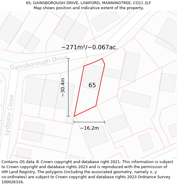 65, GAINSBOROUGH DRIVE, LAWFORD, MANNINGTREE, CO11 2LF: Plot and title map