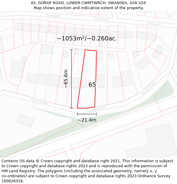 65, GOROF ROAD, LOWER CWMTWRCH, SWANSEA, SA9 1DX: Plot and title map