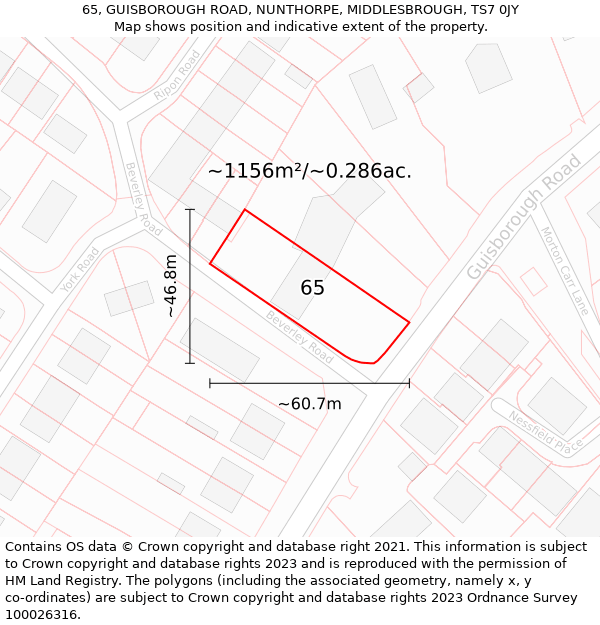 65, GUISBOROUGH ROAD, NUNTHORPE, MIDDLESBROUGH, TS7 0JY: Plot and title map