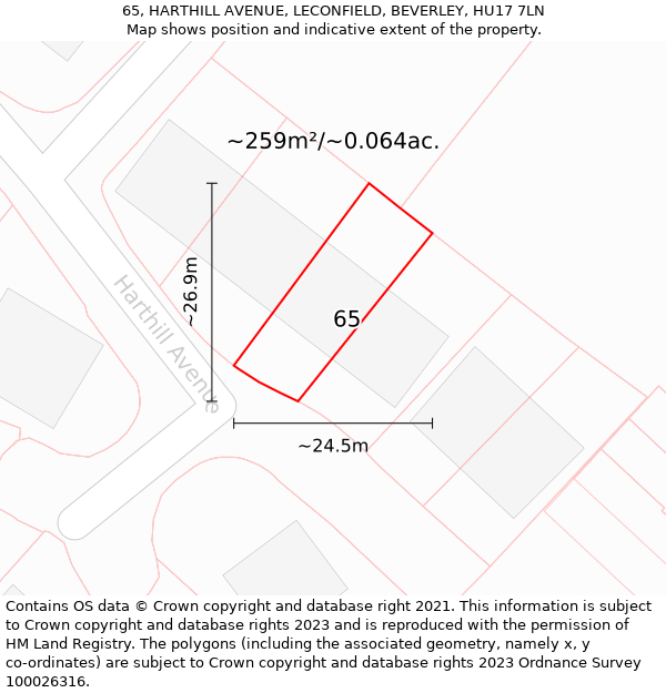 65, HARTHILL AVENUE, LECONFIELD, BEVERLEY, HU17 7LN: Plot and title map