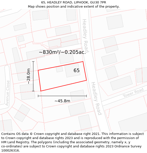 65, HEADLEY ROAD, LIPHOOK, GU30 7PR: Plot and title map