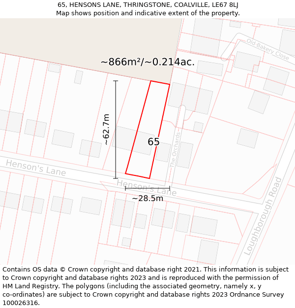 65, HENSONS LANE, THRINGSTONE, COALVILLE, LE67 8LJ: Plot and title map