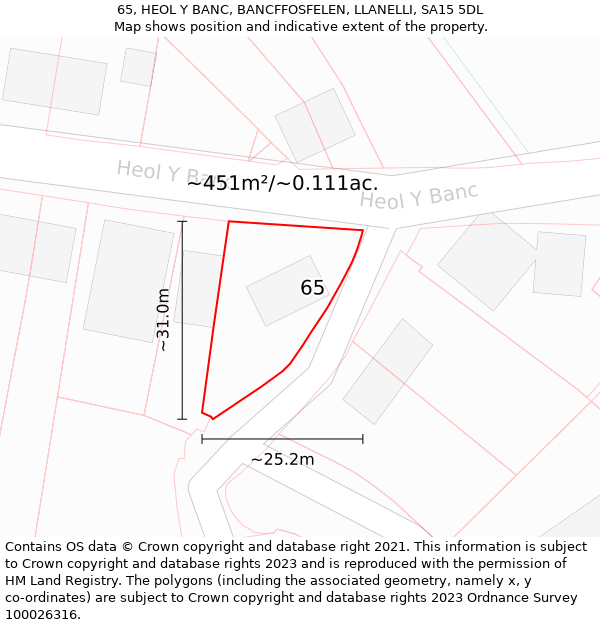 65, HEOL Y BANC, BANCFFOSFELEN, LLANELLI, SA15 5DL: Plot and title map