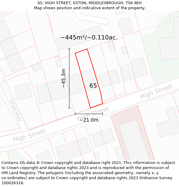 65, HIGH STREET, ESTON, MIDDLESBROUGH, TS6 9EH: Plot and title map