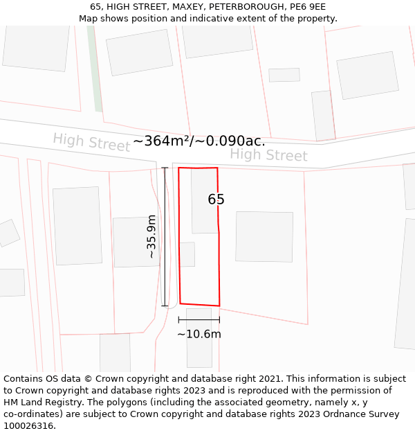 65, HIGH STREET, MAXEY, PETERBOROUGH, PE6 9EE: Plot and title map