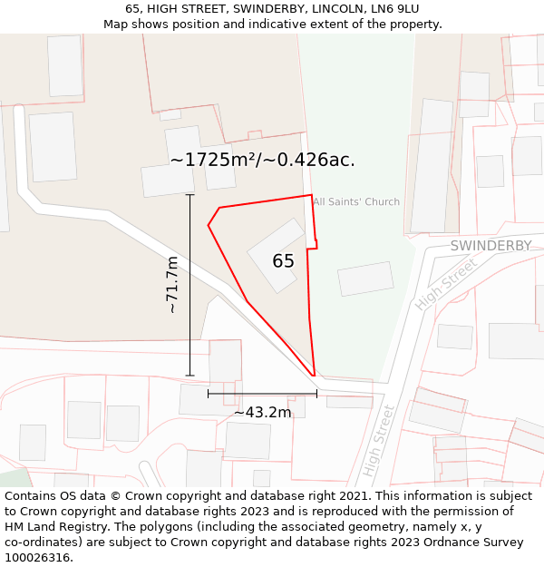 65, HIGH STREET, SWINDERBY, LINCOLN, LN6 9LU: Plot and title map