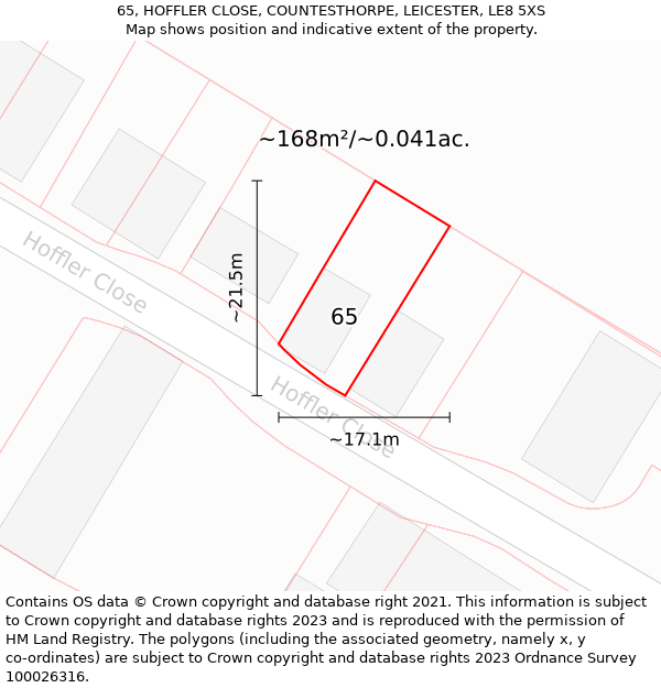 65, HOFFLER CLOSE, COUNTESTHORPE, LEICESTER, LE8 5XS: Plot and title map