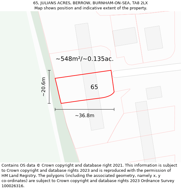 65, JULIANS ACRES, BERROW, BURNHAM-ON-SEA, TA8 2LX: Plot and title map