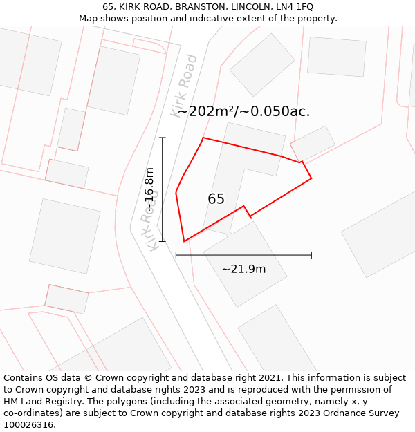 65, KIRK ROAD, BRANSTON, LINCOLN, LN4 1FQ: Plot and title map