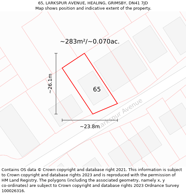 65, LARKSPUR AVENUE, HEALING, GRIMSBY, DN41 7JD: Plot and title map