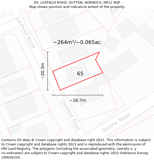 65, LAXFIELD ROAD, SUTTON, NORWICH, NR12 9QP: Plot and title map