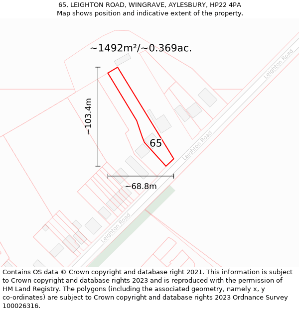 65, LEIGHTON ROAD, WINGRAVE, AYLESBURY, HP22 4PA: Plot and title map