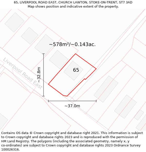 65, LIVERPOOL ROAD EAST, CHURCH LAWTON, STOKE-ON-TRENT, ST7 3AD: Plot and title map