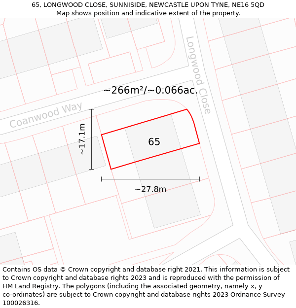 65, LONGWOOD CLOSE, SUNNISIDE, NEWCASTLE UPON TYNE, NE16 5QD: Plot and title map
