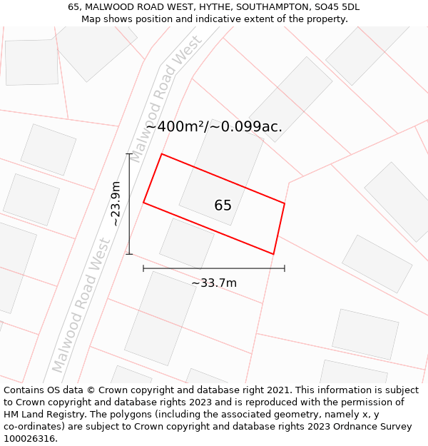 65, MALWOOD ROAD WEST, HYTHE, SOUTHAMPTON, SO45 5DL: Plot and title map