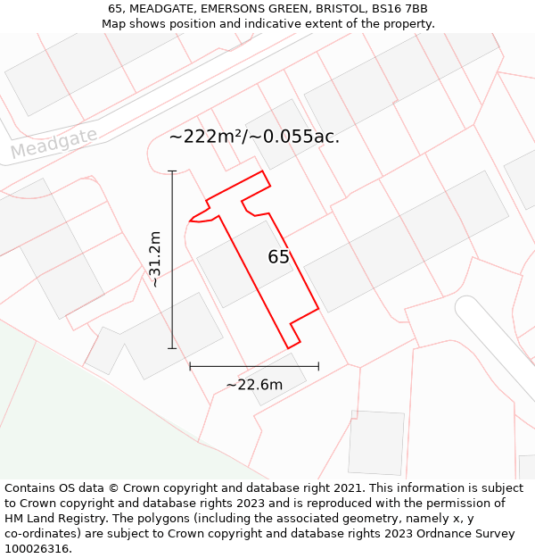 65, MEADGATE, EMERSONS GREEN, BRISTOL, BS16 7BB: Plot and title map