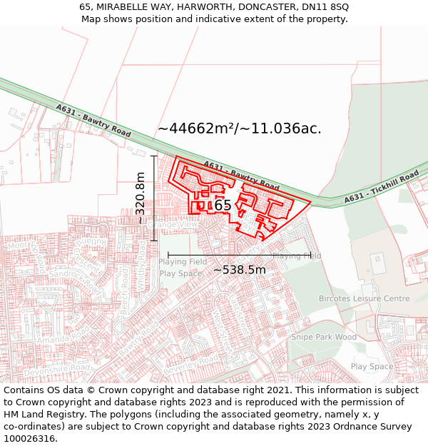 65, MIRABELLE WAY, HARWORTH, DONCASTER, DN11 8SQ: Plot and title map