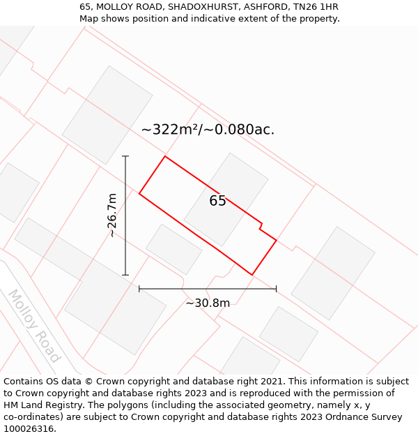 65, MOLLOY ROAD, SHADOXHURST, ASHFORD, TN26 1HR: Plot and title map