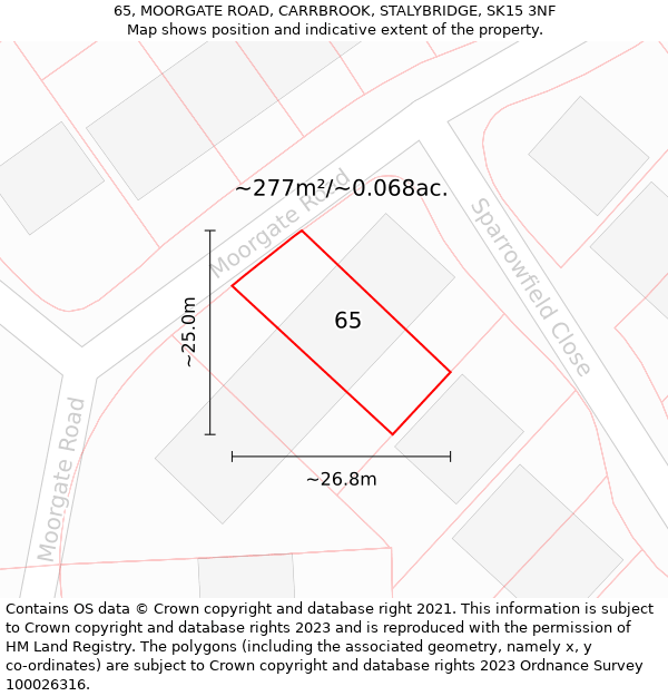 65, MOORGATE ROAD, CARRBROOK, STALYBRIDGE, SK15 3NF: Plot and title map