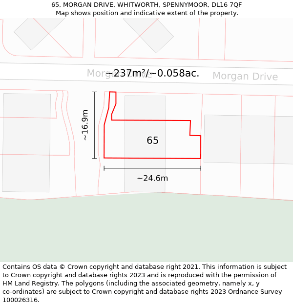 65, MORGAN DRIVE, WHITWORTH, SPENNYMOOR, DL16 7QF: Plot and title map