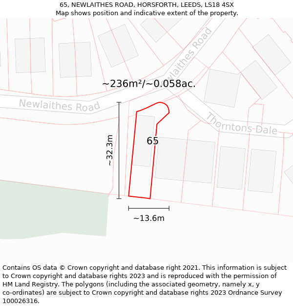 65, NEWLAITHES ROAD, HORSFORTH, LEEDS, LS18 4SX: Plot and title map