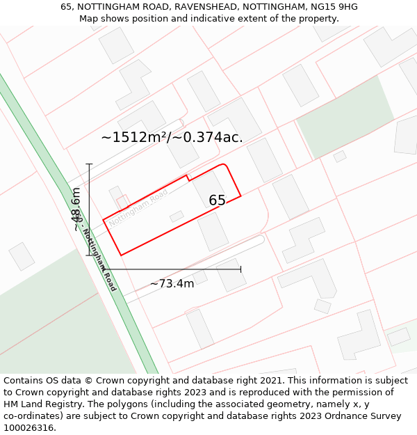 65, NOTTINGHAM ROAD, RAVENSHEAD, NOTTINGHAM, NG15 9HG: Plot and title map