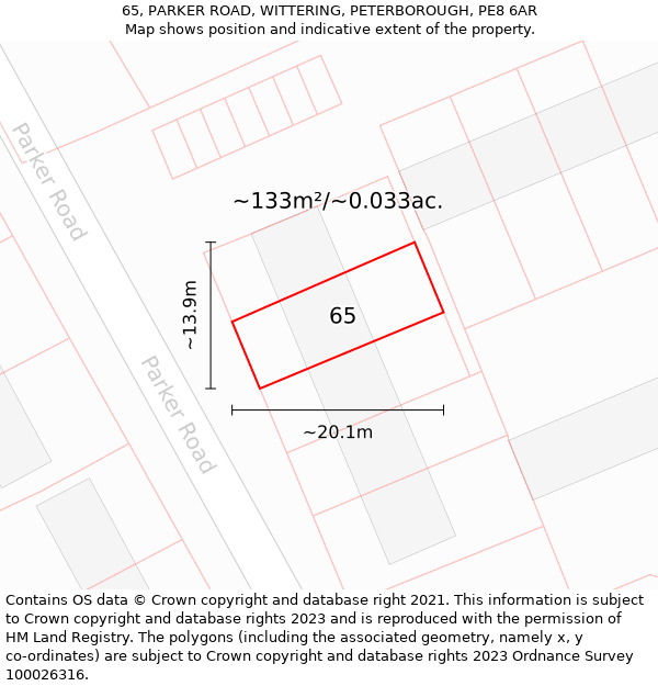 65, PARKER ROAD, WITTERING, PETERBOROUGH, PE8 6AR: Plot and title map