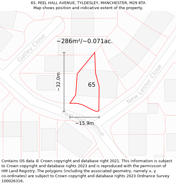 65, PEEL HALL AVENUE, TYLDESLEY, MANCHESTER, M29 8TA: Plot and title map