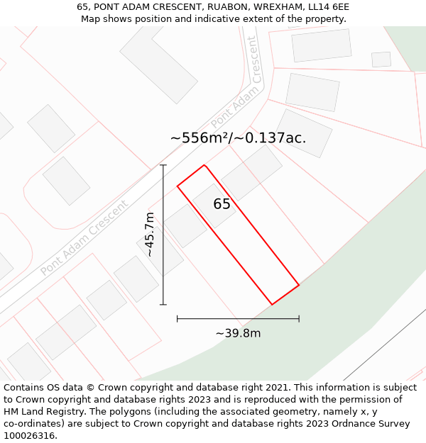 65, PONT ADAM CRESCENT, RUABON, WREXHAM, LL14 6EE: Plot and title map