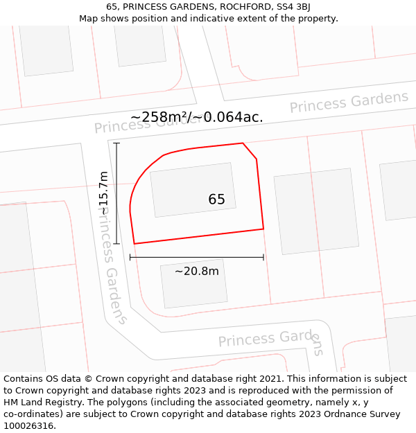 65, PRINCESS GARDENS, ROCHFORD, SS4 3BJ: Plot and title map