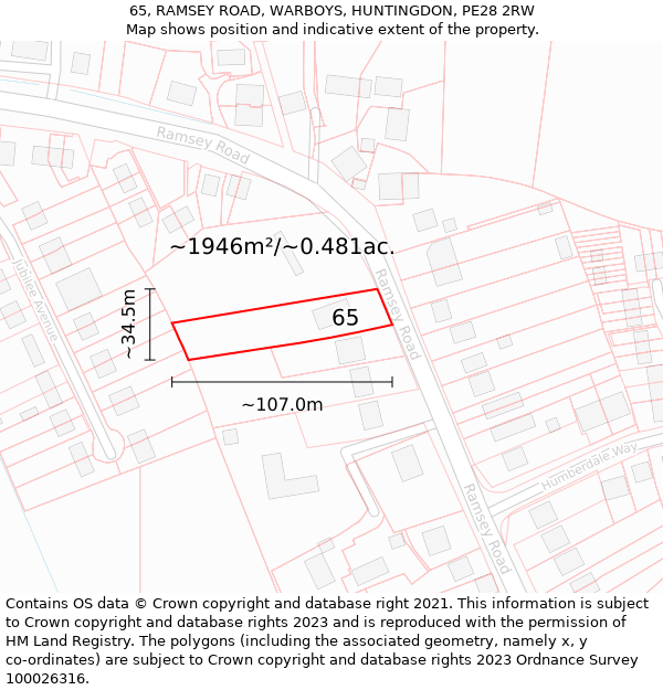 65, RAMSEY ROAD, WARBOYS, HUNTINGDON, PE28 2RW: Plot and title map