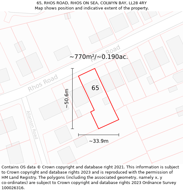 65, RHOS ROAD, RHOS ON SEA, COLWYN BAY, LL28 4RY: Plot and title map