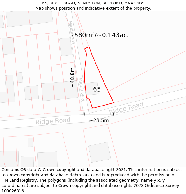 65, RIDGE ROAD, KEMPSTON, BEDFORD, MK43 9BS: Plot and title map