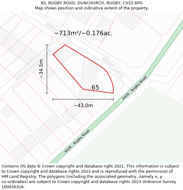 65, RUGBY ROAD, DUNCHURCH, RUGBY, CV22 6PG: Plot and title map