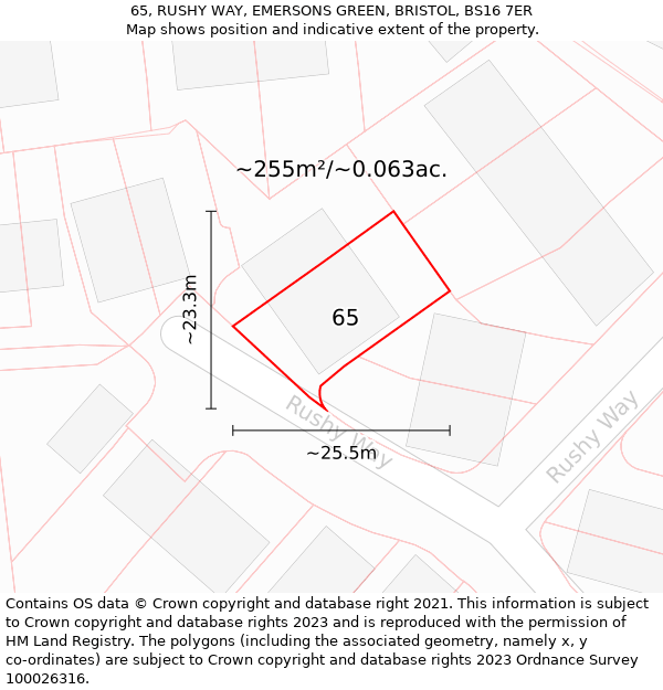 65, RUSHY WAY, EMERSONS GREEN, BRISTOL, BS16 7ER: Plot and title map