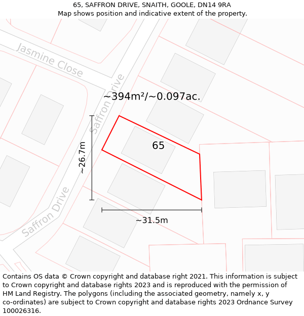 65, SAFFRON DRIVE, SNAITH, GOOLE, DN14 9RA: Plot and title map