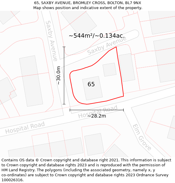65, SAXBY AVENUE, BROMLEY CROSS, BOLTON, BL7 9NX: Plot and title map