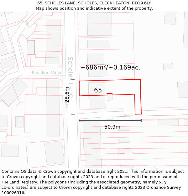 65, SCHOLES LANE, SCHOLES, CLECKHEATON, BD19 6LY: Plot and title map